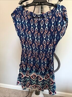 Red Camel Navy Blue Patterned Short Sleeve Tunic with Coral and Aqua Accents